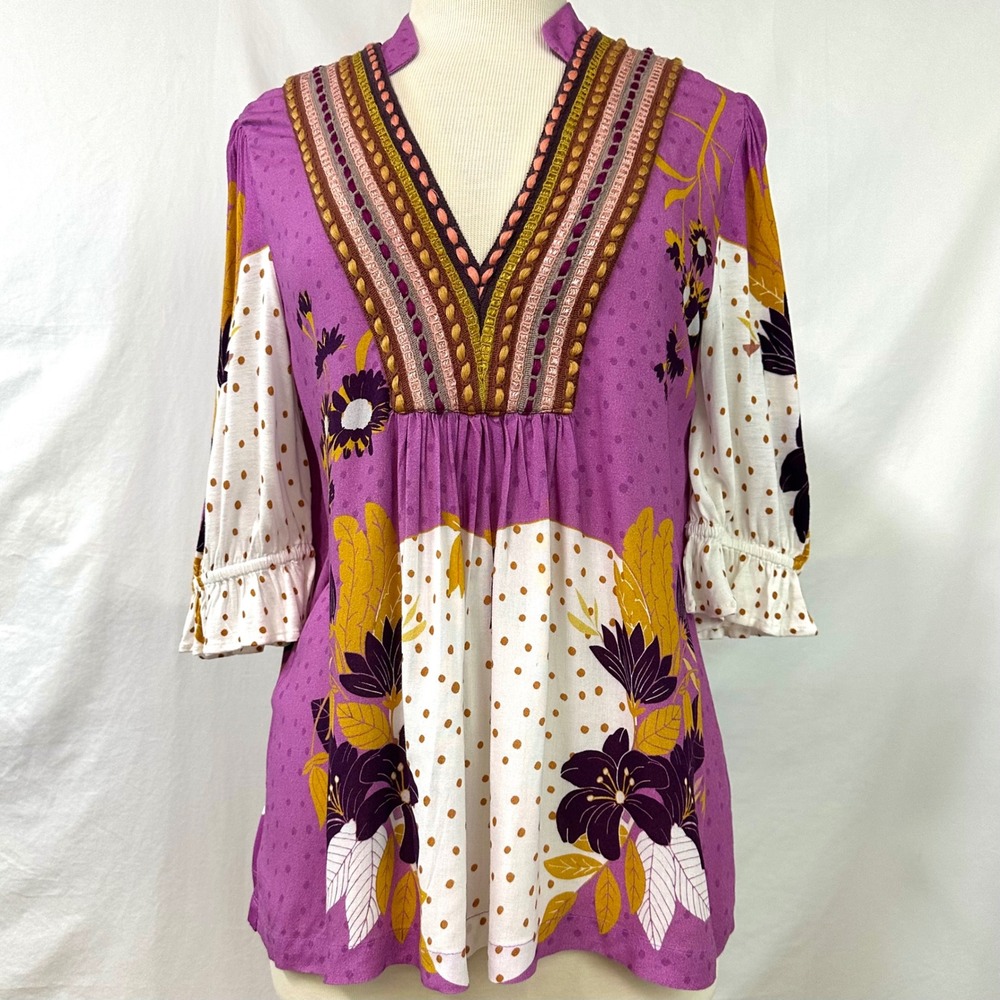 BL^NK LONDON ANTHROPOLOGIE Stephanie Top M Floral Boho V Neck Peasant Purple